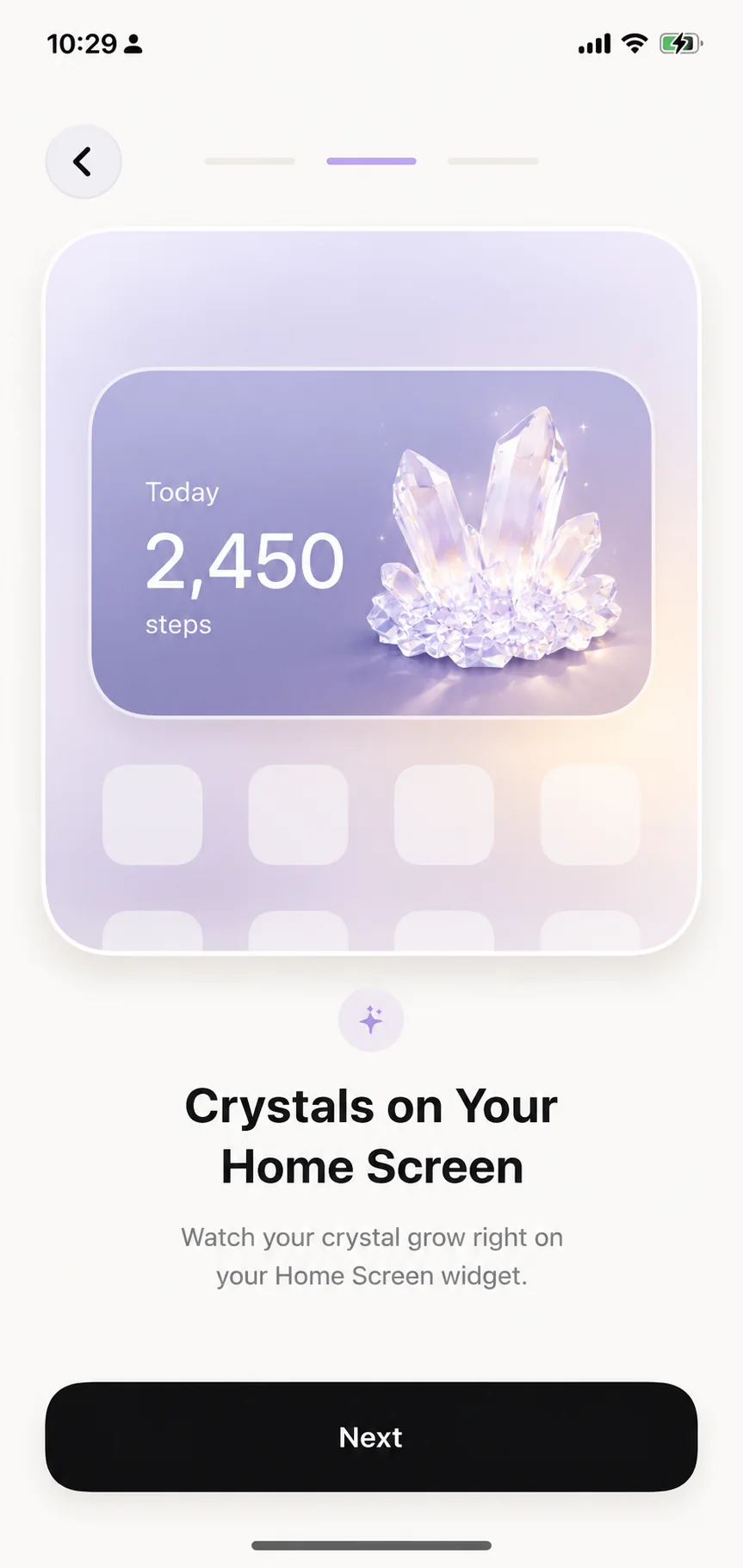 GemStep widgets showing a crystal and today’s step count on an iPhone Home Screen